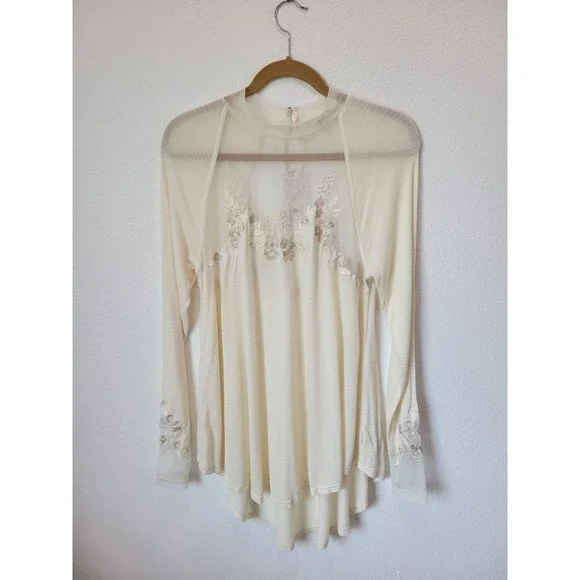 Free People Saheli Embroidered Mesh Tunic Top Ecru NWT Size M Bohemian Romantic
