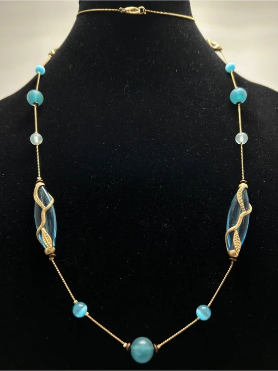 Vintage, Gold And Caged Clear Blue Lucite Beaded Long Necklace, 90’s