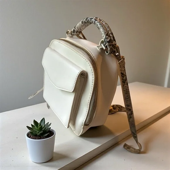 Free People 3-Way Convertible Mini Backpack Crossbody Cream Snakeskin Trim
