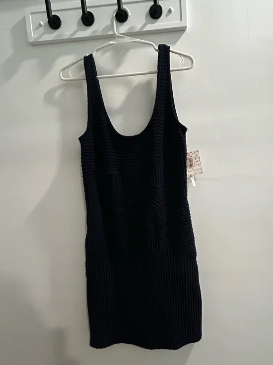 Free People Dark Navy Textured Knit Mini Tank Dress, L, NWT