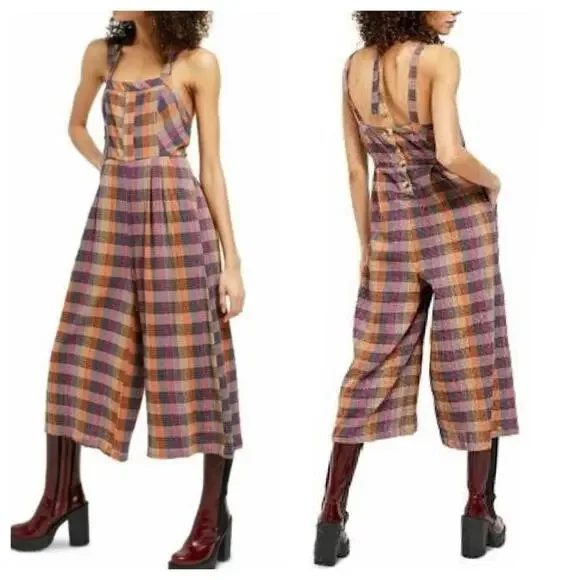 NEW Free People Zulu Seersucker Crop Wide Leg Jumpsuit in Indigo Plum, Sample