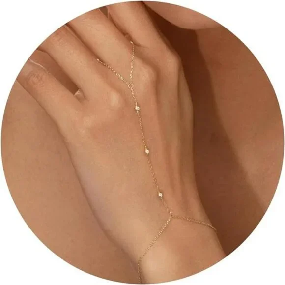 Gold hand chain bracelet ring slave cuff dainty 14k gold plated cubic zircon jew