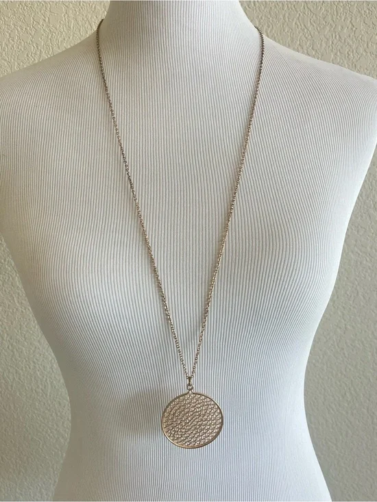Long Pendant Necklace with Textured Round Medallion - Gold
