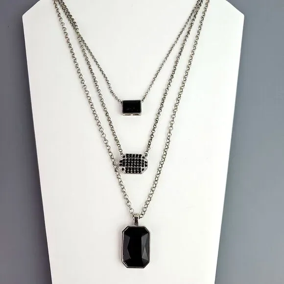 3 Layered Chain Necklace Black Theme Pendants Silver Tone 22 26 30 inch