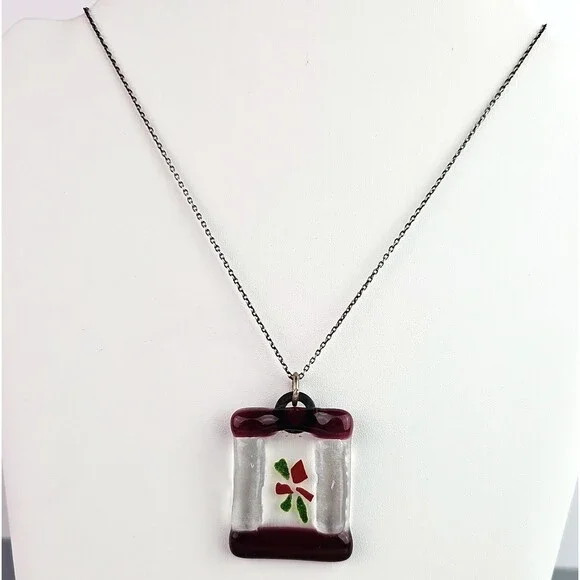 Fused Glass Pendant Necklace Festive Red Poinsettia 925 Sterling Silver 16 in