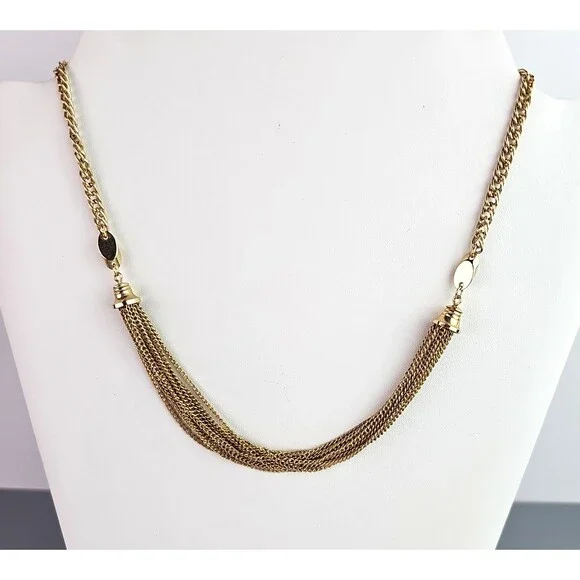 Vintage Multi Strand Tassel Gold Tone Necklace Sarah Coventry Chain Choker 17 in