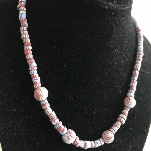 Vintage Handmade Glass Mosaic Chevron Bead Sterling Silver Clasp 16 In Necklace