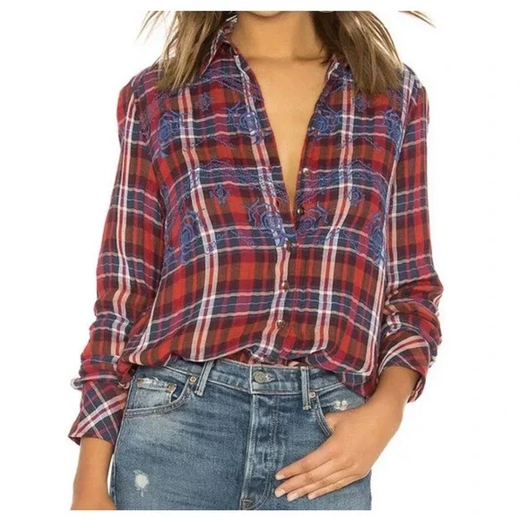 Free People Magical Plaid Embroidered Floral Button Down Shirt Small Flannel GUC