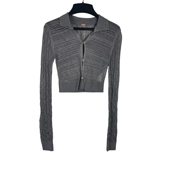 Free People Dark Gray Open Knit Button Front Long Sleeve Cropped Cardigan XS