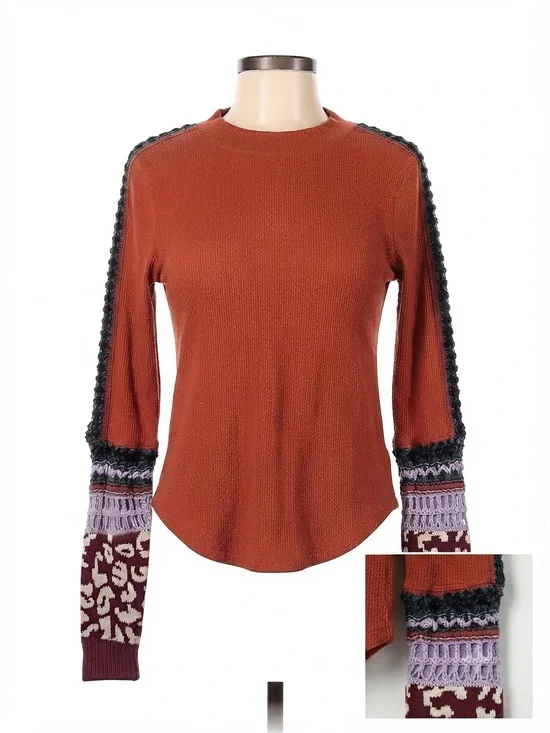 Free People Womens Rust Mixed-Sleeve Knit Top