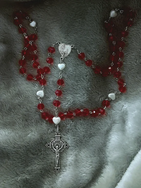 Red Heart Rosary with Silver Crucifix - Women's Jewelry
