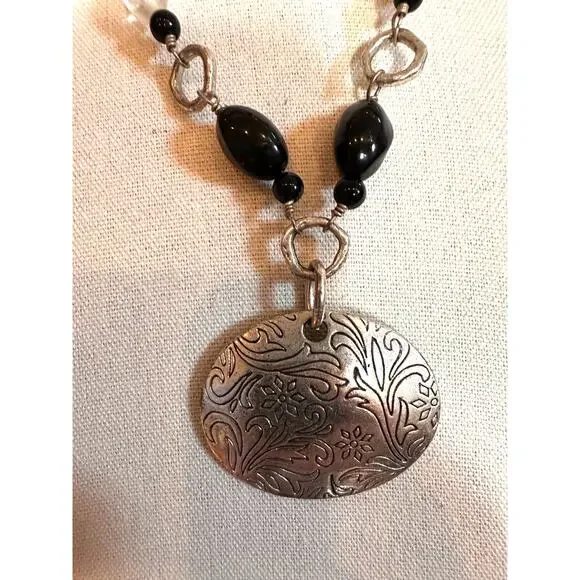 Lia Sophia OUTLAW Necklace Boho Silver Black Bead Floral Scroll Metal Pendant