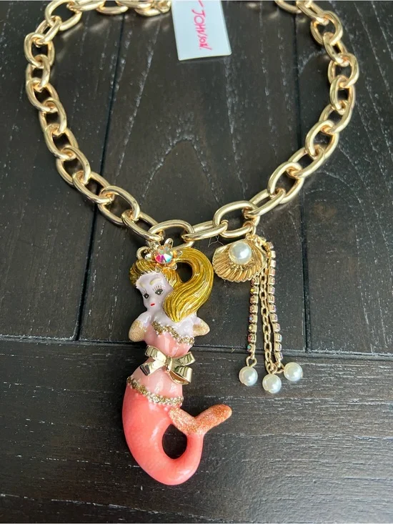 Betsey Johnson Gold-Tone Necklace with Pink Mermaid Charm and Pearl Drops
