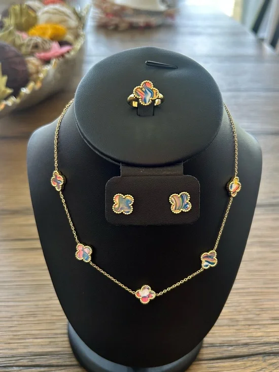 Fashion Jewelry Pink 18K Gold Plated Clover Multicolor Necklace, Earrings, Ring