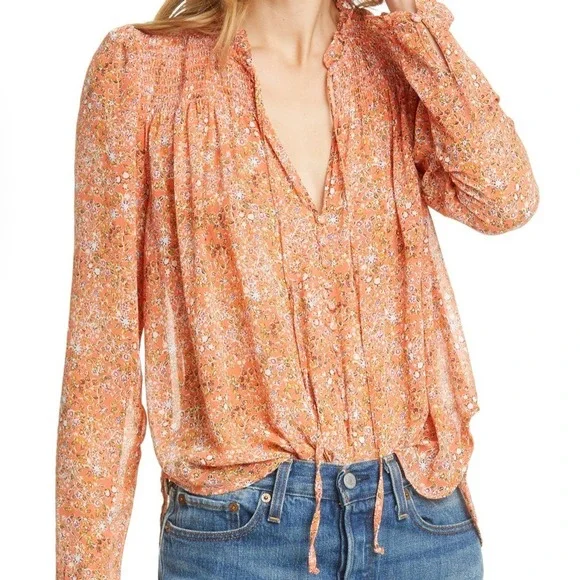 Free People Lela Orange Floral Smocked Yoke Ruffle Neck Tie‎ Blouse S OB1010657