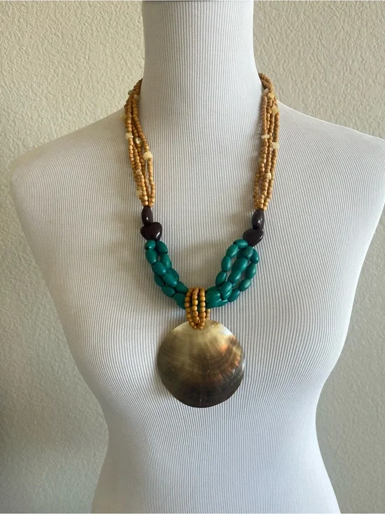 Handcrafted Teal and Gold Beaded Pendant Necklace