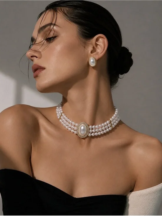 Classic White Multi-Strand Pearl Choker with Central Pearl Pendant