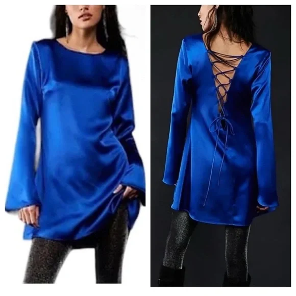 New! Free People x Delfi Collective Amber Royal Blue Satin Dress 2852