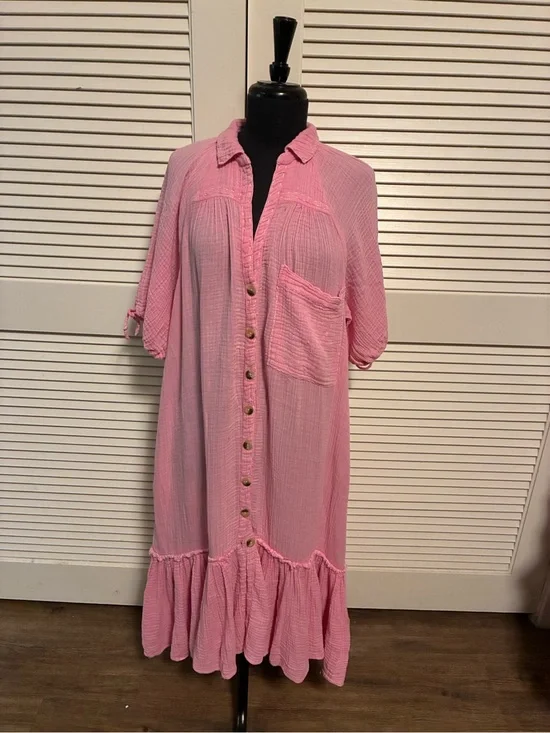 Free People Pink Button-Front Ruffle Hem Maxi Dress