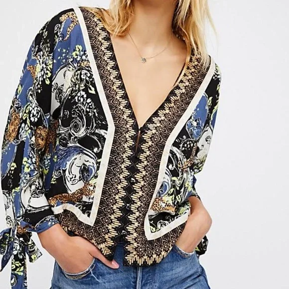 Free People Leopard Baroque Top XS Womens Blouse Tie Sleeve Boho Festival Artsy