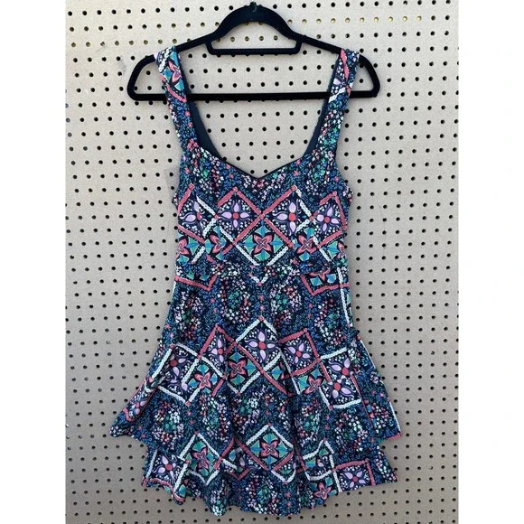 Free People M Geometric Print Tiered Mini Dress Navy Pink Sleeveless V-Neck