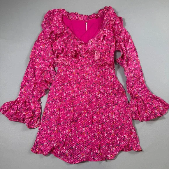 Free People Mini Dress Womens Size 6 Pink Floral Ruffle Flounce Sleeve OB1240766