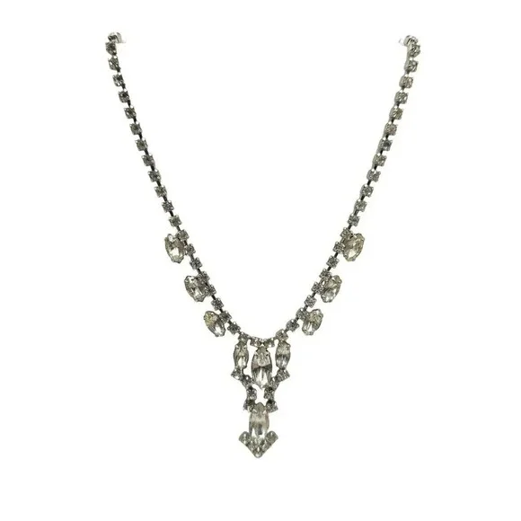 Clear Rhinestone Crystal Y Drop Necklace Hook Closure Silver Tone Vintage