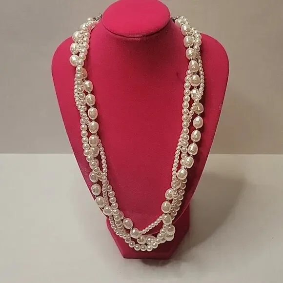 C1946  Multi-strand Braided Faux Pearl Beaded Necklace