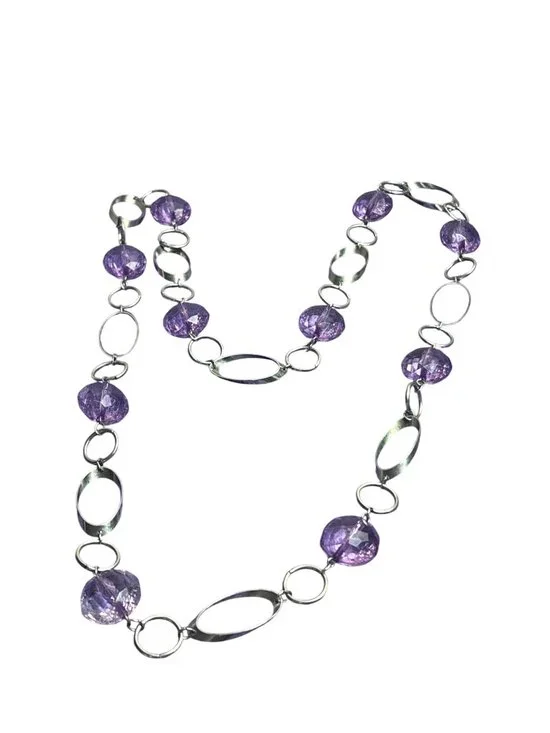 Geometric Silvertone Chain Necklace Purple Plastic Beads No Clasp 33 inches Long