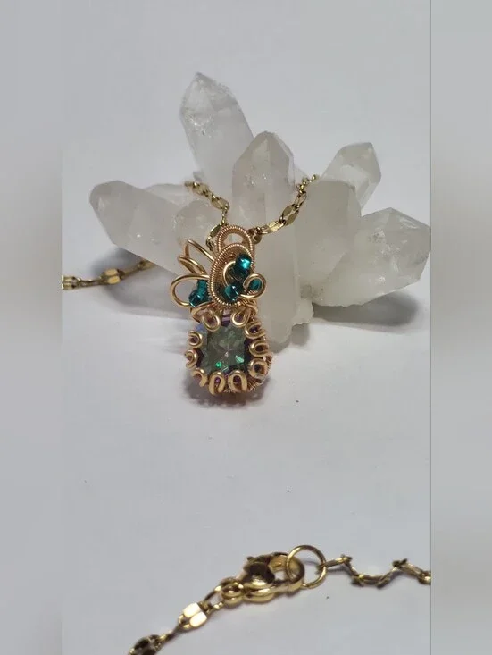 Wire-Wrapped Pendant Necklace with Rainbow Mystery Topaz & Teal Crystal Accent
