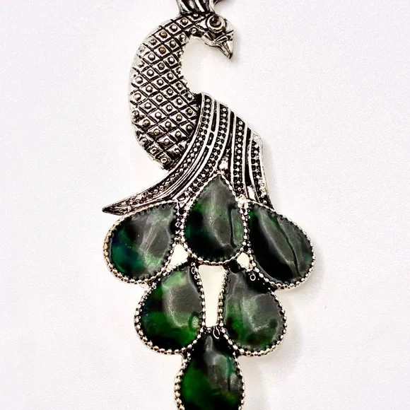 Vintage Peacock with Blue/Green Enamel On Eye Feathers in Silver Tone