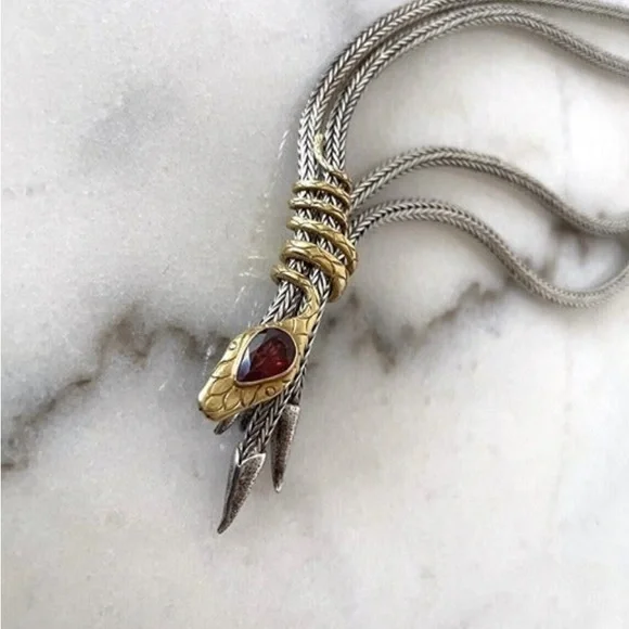 Handcrafted Bali Spiral Snake Necklace-Sterling Silver, Garnet & 22K Gold Accent