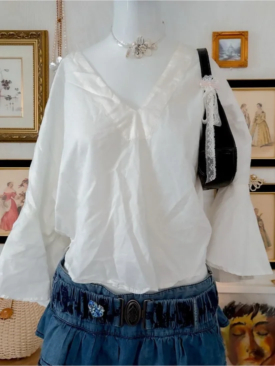 Boho coastal romantic girly flowy cotton blend white blouse