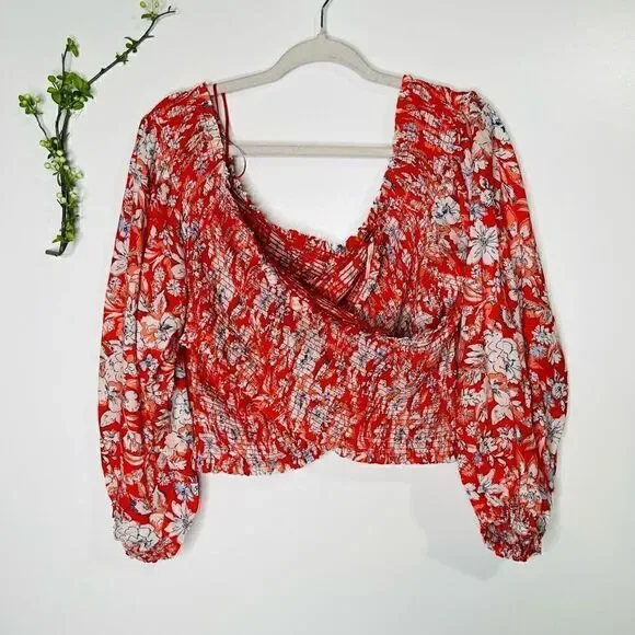 Free People Pink Red White Floral Crop Puff Blouson Sleeve Blouse