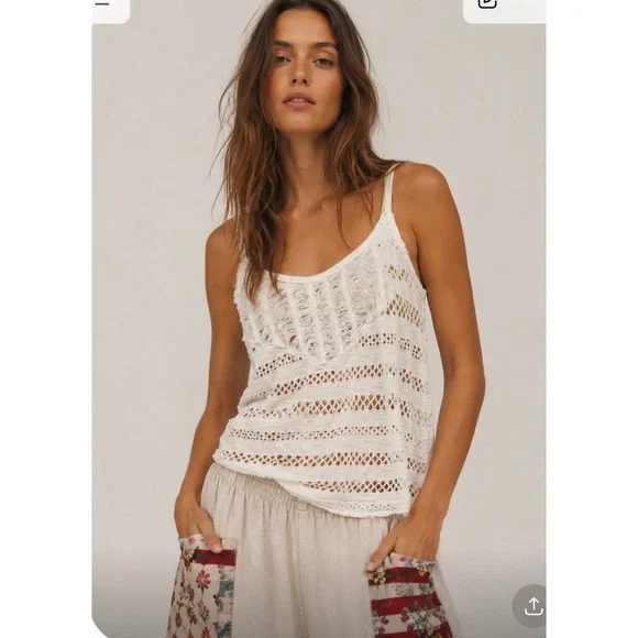 Free People We The Free Ivory Crochet Knit Tank Top Distressed Boho Neon Medium