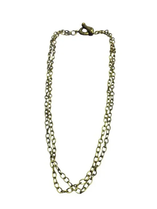 Antiqued Goldtone 2 Strand Chain Necklace Basketweave Toggle Clasp 18 inches