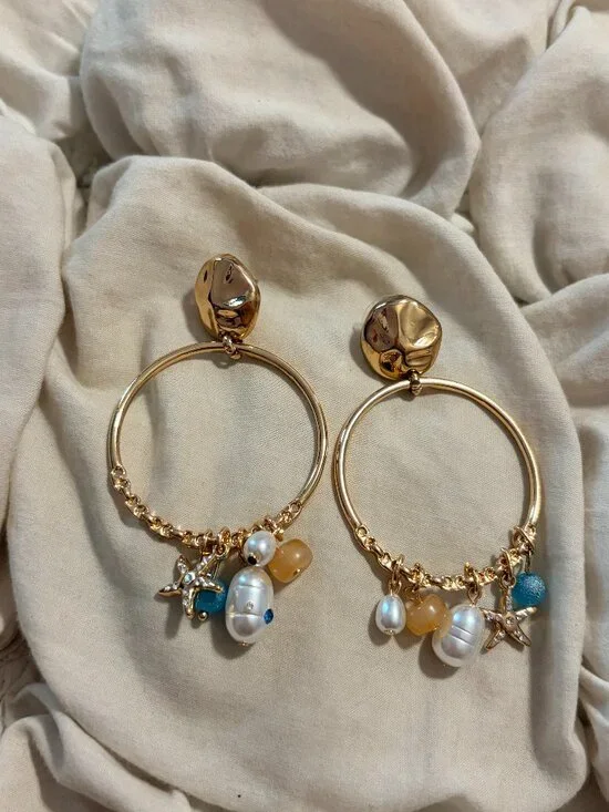 Free People Gold Tone Coastal Charm Hoop Statement Earrings