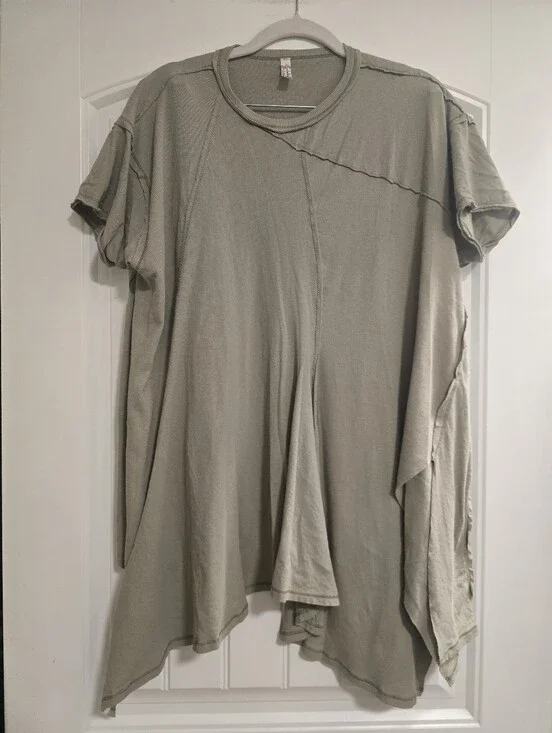 FREE PEOPLE Mixed Media Cotton Olive Green Short Sleeve Asymmetric Tee