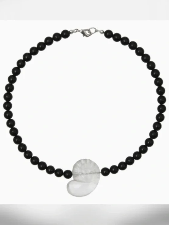 Black Beaded Necklace with Clear Shell Accent
