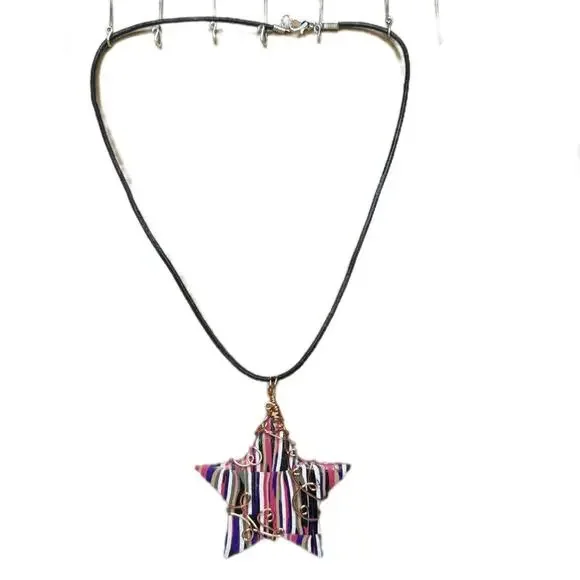 Cooper wire wrap star necklace leather cord