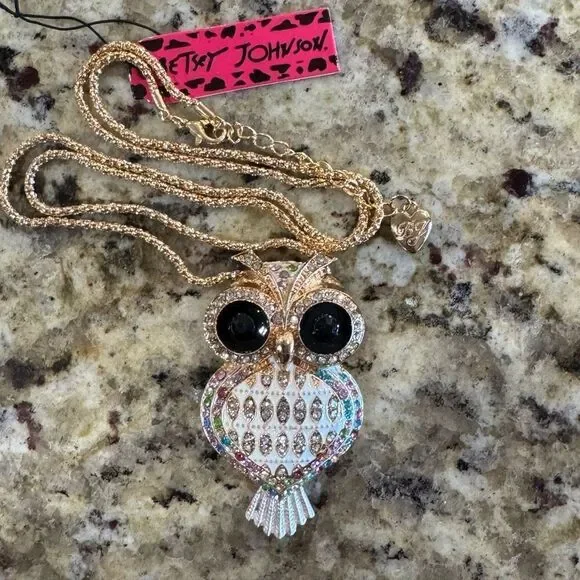 NECKLACE! Betsey Johnson Rose Gold and Multicolor Owl Necklace BNWT