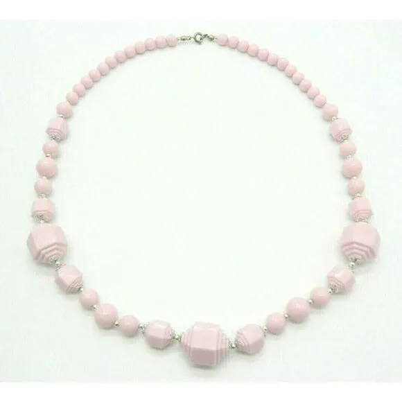 Pink Geometric Acrylic Bead Beaded Silver Tone Vintage Necklace