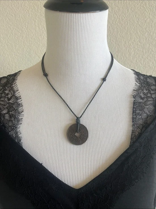 Black Cord Coin Pendant Necklace - Unbranded