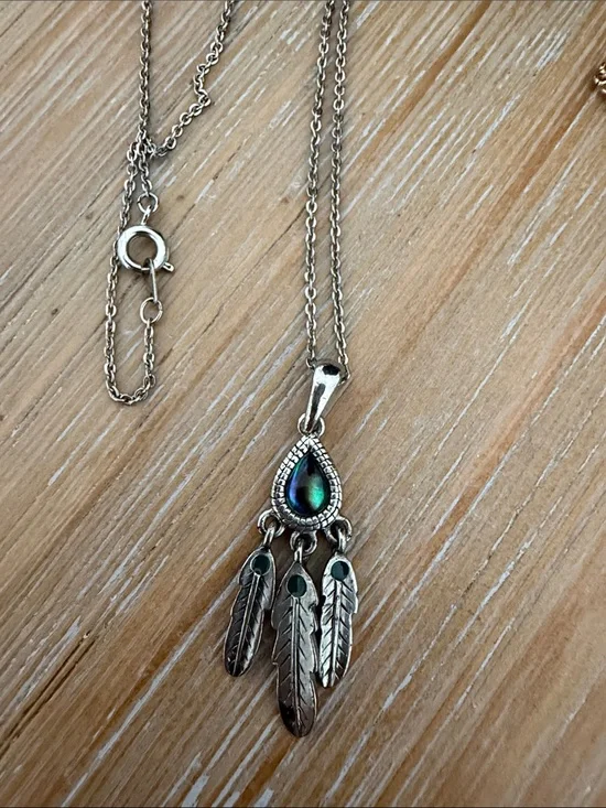 Sterling-Style Feather Pendant Necklace with Iridescent Stone - Silver