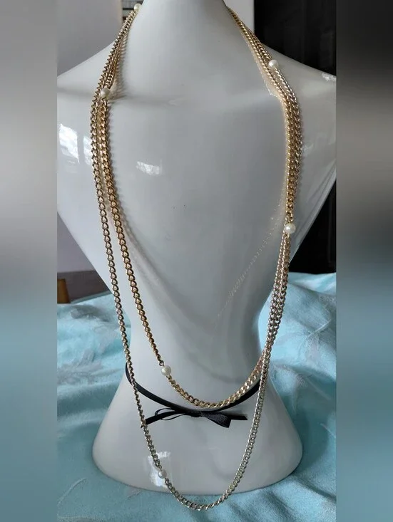 Layered Gold-tone Chain Necklace with Pearls