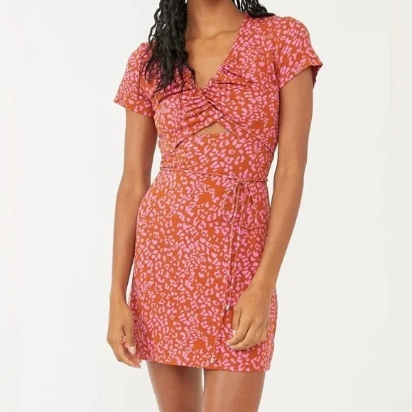 Free People Size Medium Pink Marsaille Mini Dress Leopard Print Wrap Front Tie