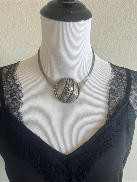 Silver-Tone Round Pendant Necklace - Elegant Metallic Statement