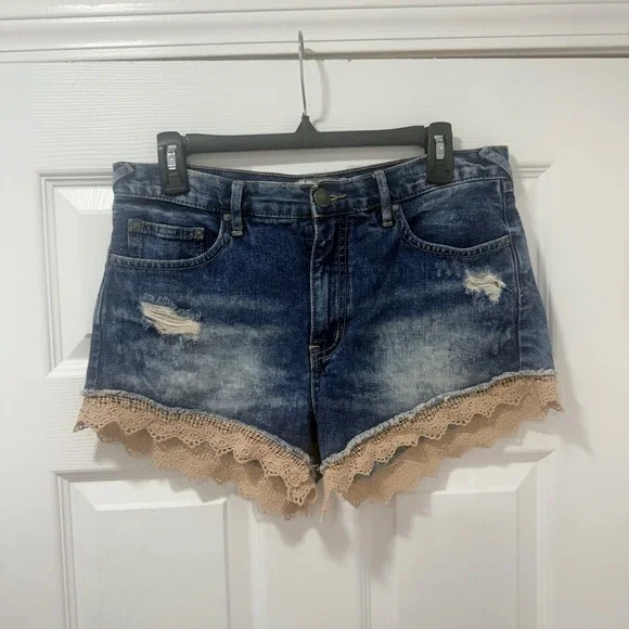 Free People Distressed Denim Lace Trim Shorts Blue Acid Wash Boho 28 cowgirl y2k