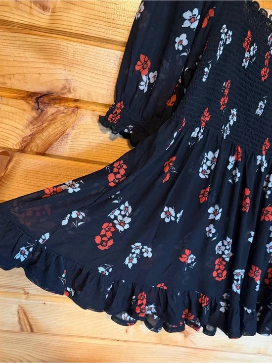 Free People Black Smocked Bodice Floral Peasant Top with Red & White Accents XL
