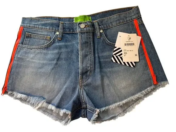 SANDRINE FREE PEOPLE Women's Blue Denim Neon Orange Zip Cut Off Shorts Size 31